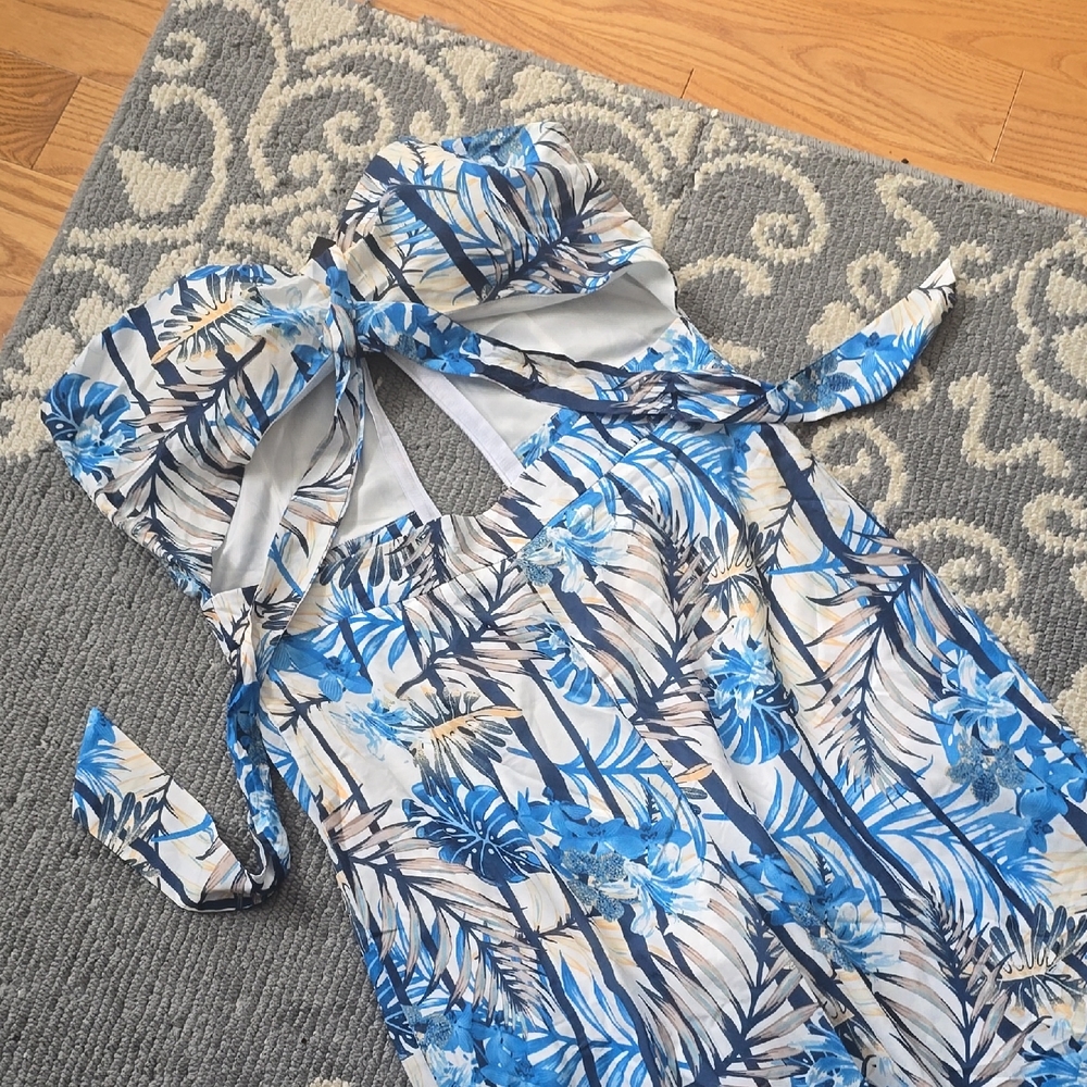 Fashion Nova White and Blue Strapless Jumpsuit
